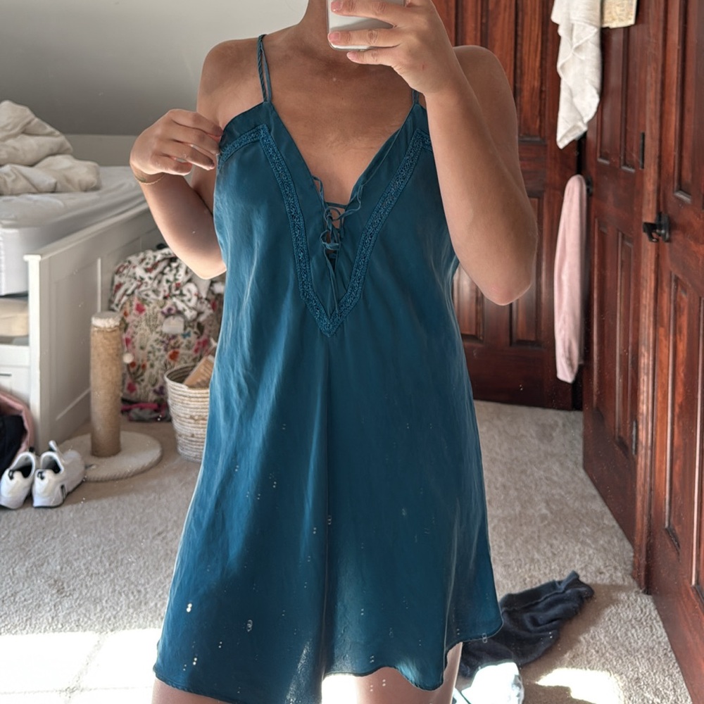 Teal Lace-Up Dress